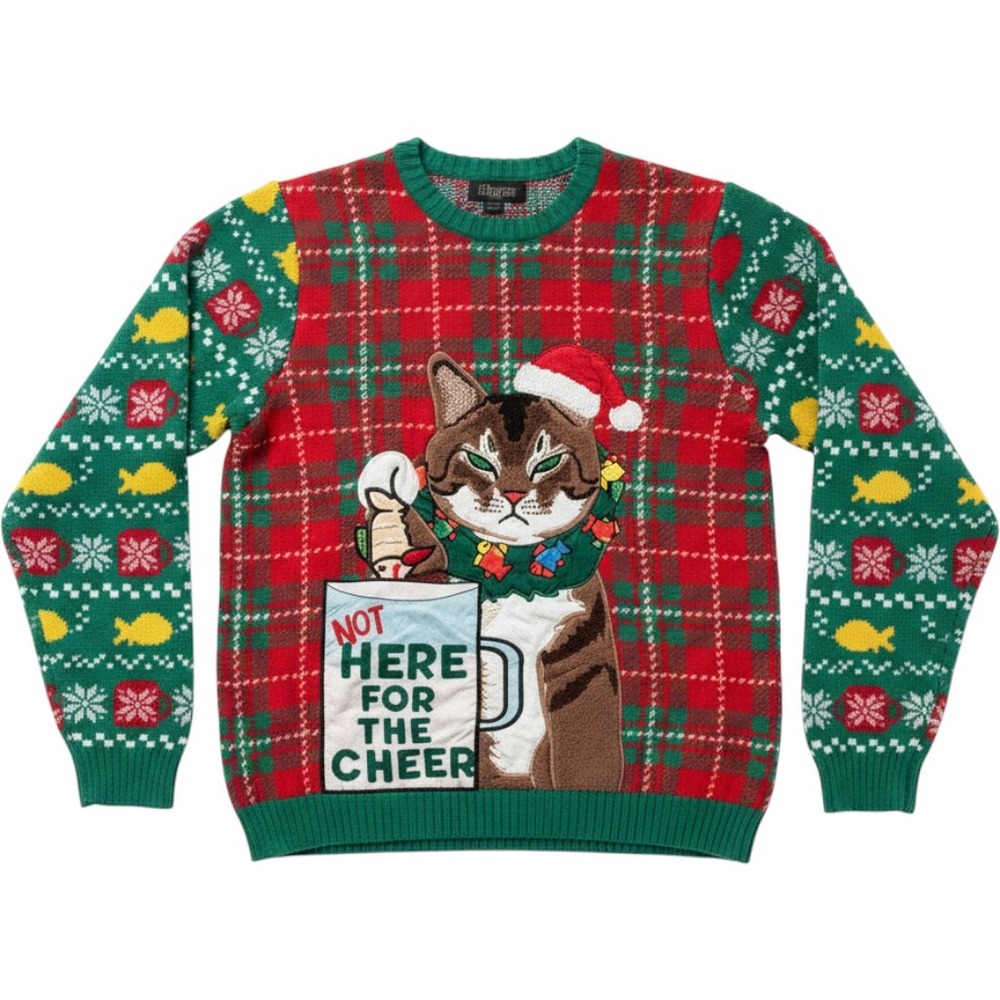 33 Degrees Not Here For The Cheer Grumpy Cat Ugly Christmas Sweater XL Red Green